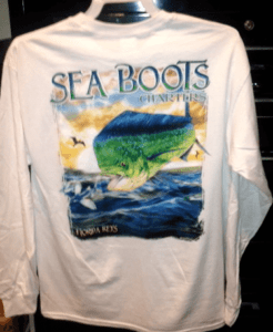 Seaboots T-Shirt for Sale.Seaboots Charters, with ocean, fish, and sky image